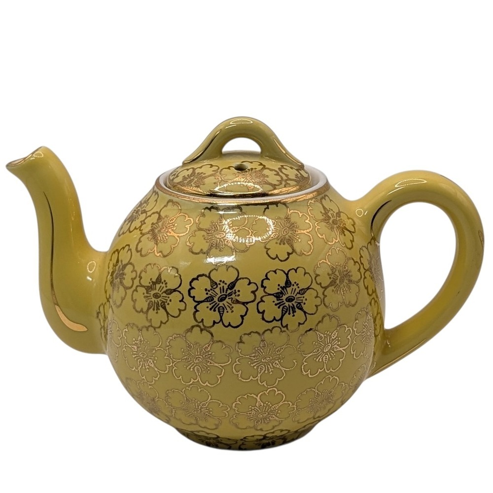 Hall Vintage Teapot Two Cups French Flower Canary Yellow Glaze Gold Floral Trim
